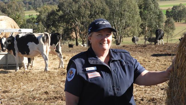 Volunteer Ambulance Victoria first responder Meaghan Daly on her dairy farm at Walwa.