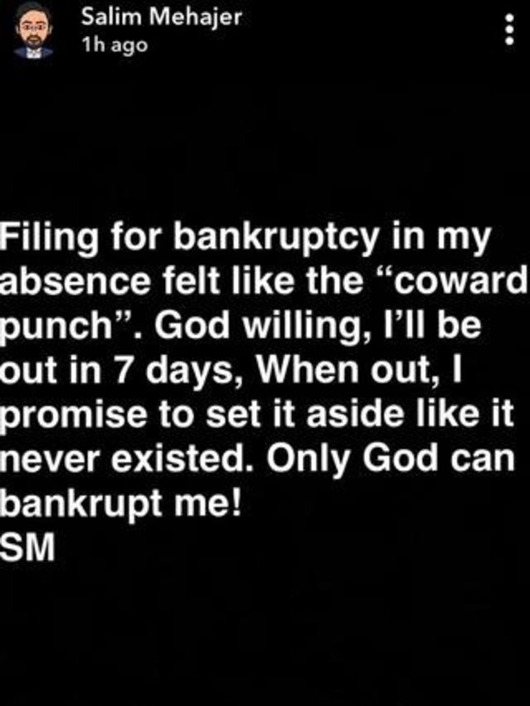 Salim Mehajer once posted a Snapchat “Only God could bankrupt me”. Picture: Supplied.