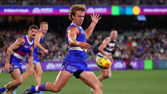 Ryley Sanders in action for the Western Bulldogs. Picture: Sarah Reed/AFL Photos via Getty Images