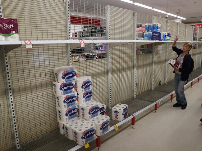 Empty shelves in Coles at Westfield's Parramatta. Picture: Rohan Kelly