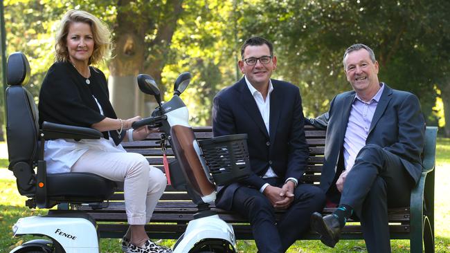Neale Daniher with Victoria Premier Daniel Andrews and fellow MND sufferer Cath Baker to announce millions of dollars has been pledged to fast-track an MND research program. Picture: David Crosling