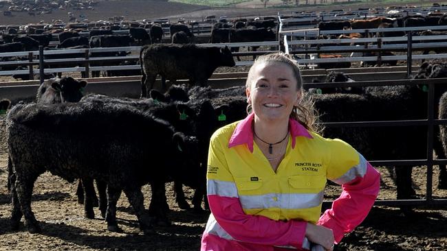 Rebecca Rowe at the feedlot she operates with her father, Simon Rowe, on Princess Royal station, near Burra. Pic: Bernard Humphreys