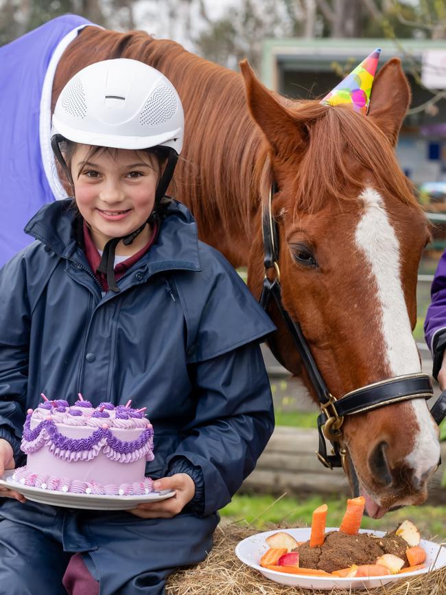 Olivia Zagorski, 10, wishes retired racehorse Brad a happy 21st birthday at Riding for the Disabled Association in Oaklands Junction. Picture: Jay Town/Racing Photos