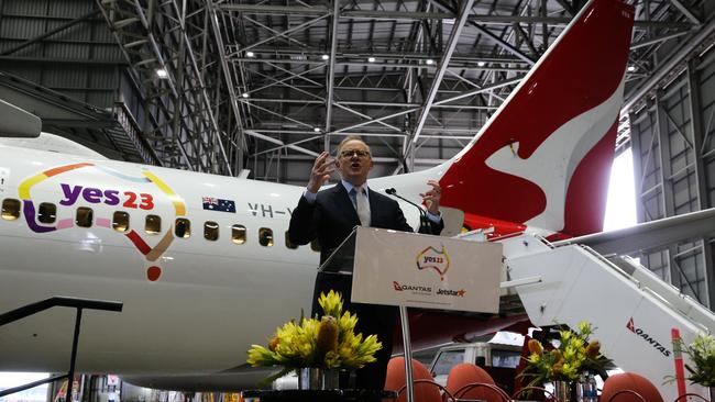 Prime Minister, Anthony Albanese gives a speech at the launch of the Qantas “Yes” campaign in 2023. Picture: Gaye Gerard