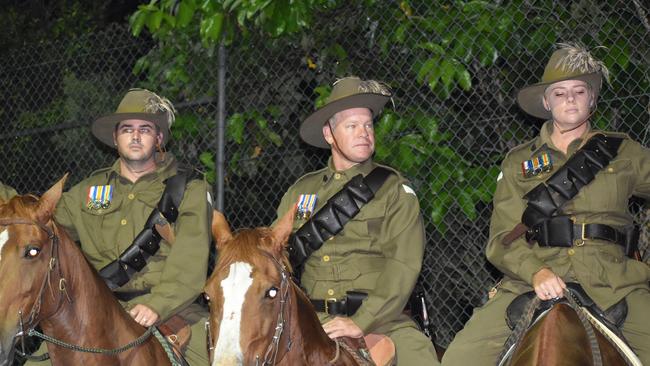 Ben Burston, John McGill and Ellise Burston riding to honour the ANZAC Light Horse infantry at the Kuttabul dawn service at the Hampden State School Remembrance Garden 2021. Picture: Lillian Watkins