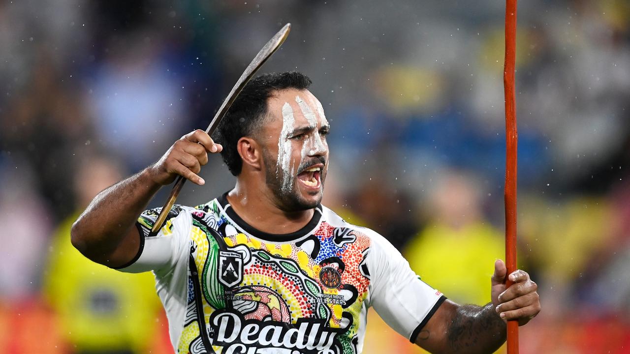 Braydon Trindall outshone Sharks halves partner Nicho Hynes in a man-of-the-match performance for the Indigenous All-Stars. Picture: Getty Images