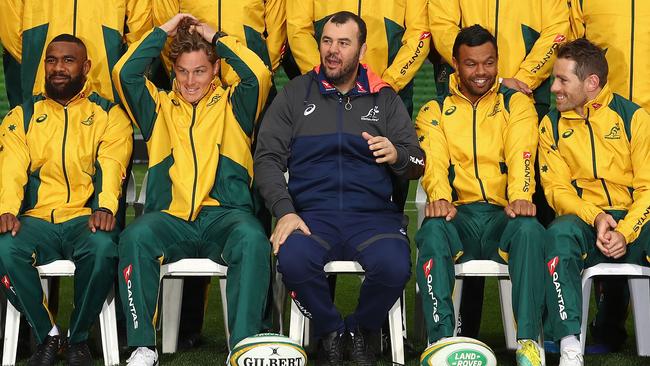 (L) Marika Koroibete of the Rebels will line-up against Wallabies teammates Kurtley Beale and Bernard Foley (2R and R) of the Waratahs on Friday night. Picture: Getty Images