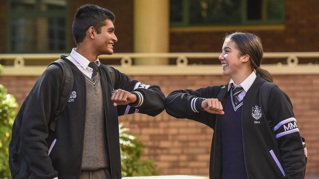 Dev Patel and Eliza Wong at Adelaide High on Monday. Picture: Roy VanDerVegt