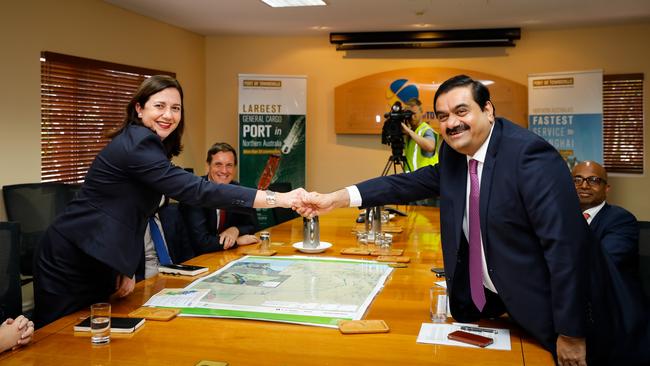 Then Queensland premier Annastacia Palaszczuk meets Adani Group chairman Gautam Adani at the Port of Townsville in 2016. Picture: AAP.