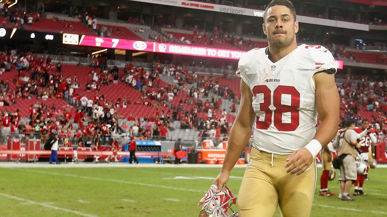 GLENDALE, AZ - SEPTEMBER 27: Running back Jarryd Hayne #38 of the San Francisco 49ers walks off the field after being defeated by the Arizona Cardinals 47-7 in the NFL game at the University of Phoenix Stadium on September 27, 2015 in Glendale, Arizona. (Photo by Christian Petersen/Getty Images)