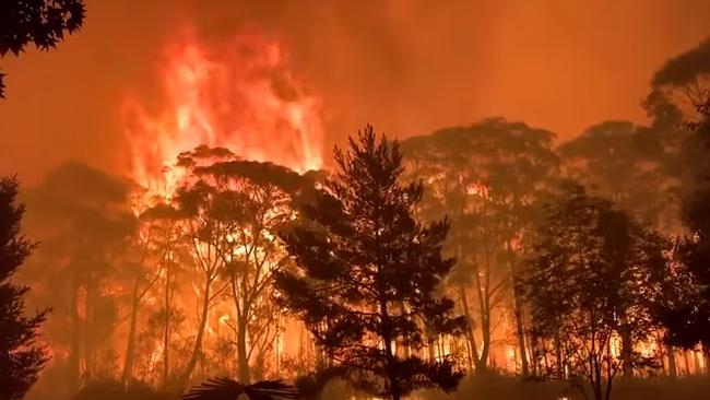 Screengrab of video shot by Captain Peter Duff from the RFS Terrey Hills Brigade of a wall of flames at Berambing.