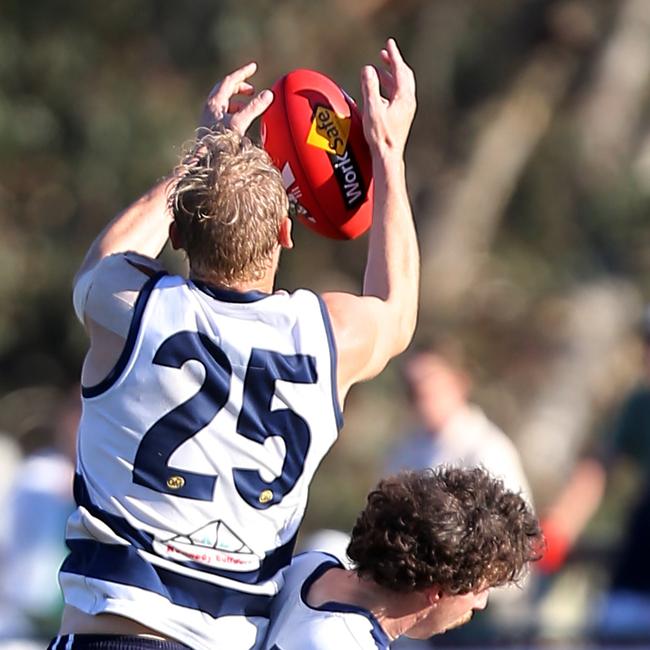 Yarrawonga’s Leigh Williams marks over teammate Ryan Bruce. Picture: Yuri Kouzmin