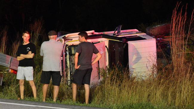 A ute rolled on the Bruce Highway. PICTURE: MATT TAYLOR.