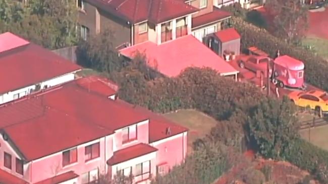 Houses turned pink after Video fire retardant was dropped on Turramurra. Picture: 7 News