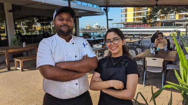 Lagoon Cafe, Darwin Waterfront manager and chef Abir Hassan alongside barista Riya Chaurel. Picture: Alex Treacy