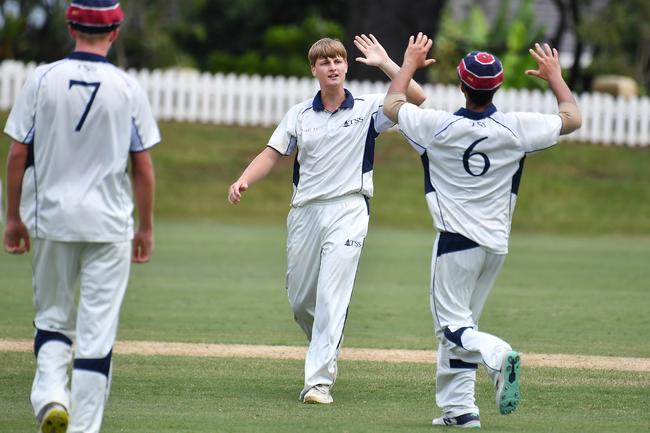 TSS bowler Cameron Sinfield celebrates a wicket GPS First XI match between Nudgee College and TSS. Saturday February 3, 2024. Picture, John Gass