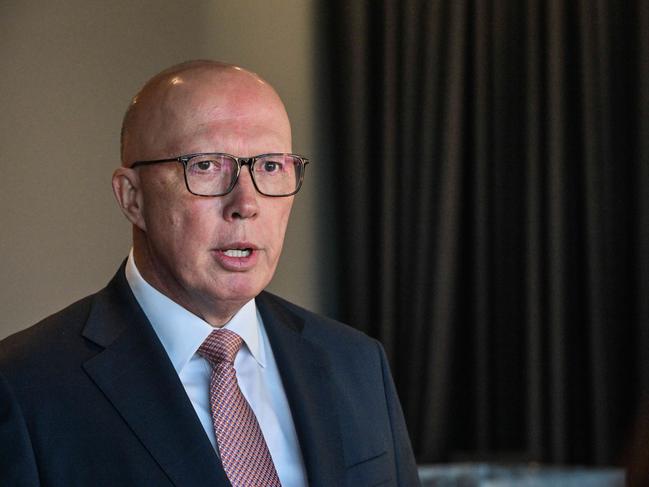 ADELAIDE, AUSTRALIA - NewsWire Photos FEBRUARY 21, 2025:  Press conference by Leader of the Opposition Peter Dutton at the Building a Bigger, Better SA Forum. Picture: NewsWire / Brenton Edwards