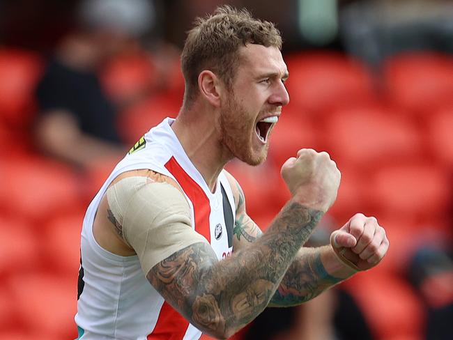 AFL Round 6. St Kilda vs Fremantle at Metricon Stadium, Gold Coast. 11/07/2020.  Tim Membrey of the Saints celebrates his goal in the first quarter   . Pic: Michael Klein