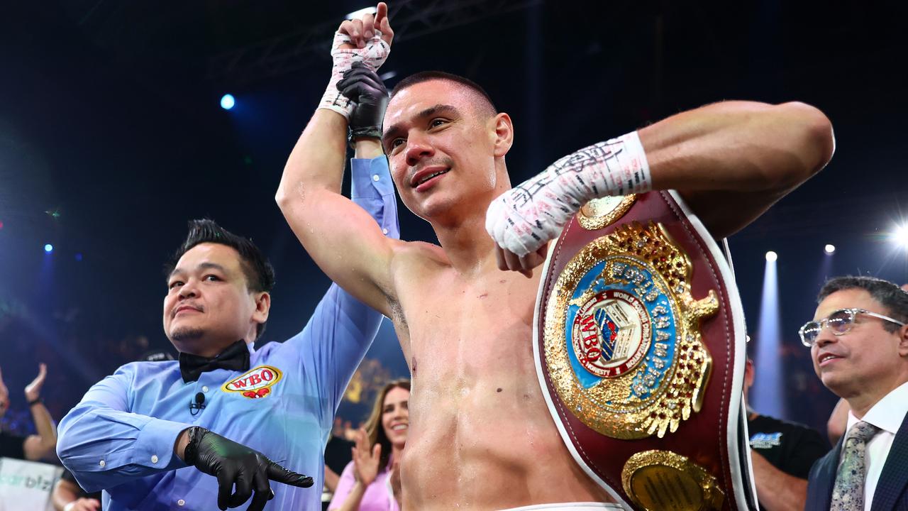 GOLD COAST, AUSTRALIA - JUNE 18: Tim Tszyu celebrates victory over Carlos Ocampo during the WBO Iterim Super-Welterwight title bout at Gold Coast Convention and Entertainment Centre on June 18, 2023 in Gold Coast, Australia. (Photo by Chris Hyde/Getty Images)