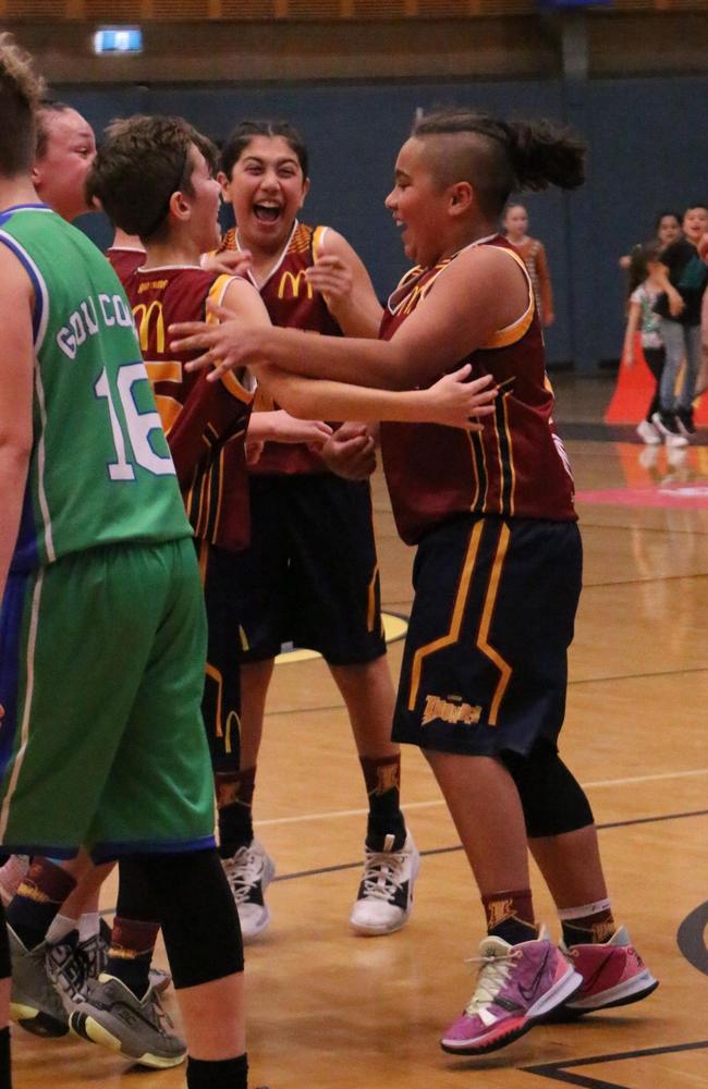 Logan Thunder celebrating the U12 Division 1 Boys State Championship. Picture: Basketball Queensland