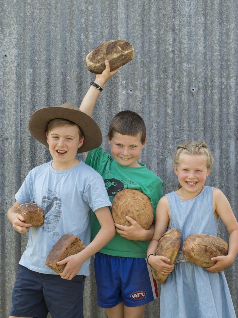 On the rise: Liam, 11, Lucas, 9, and Stella, 7, with their mum’s fresh bread.