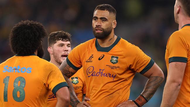 PERTH, AUSTRALIA - AUGUST 17: Lukhan Salakaia-Loto of the Wallabies looks on during The Rugby Championship match between Australia Wallabies and South Africa Springboks at Optus Stadium on August 17, 2024 in Perth, Australia. (Photo by Paul Kane/Getty Images)