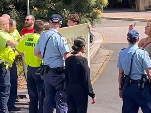 Protestors chanted "free the refugees" as the Prime Minister visited the University of Wollongong's Energy Future Skills Centre on Friday. Picture: Twitter