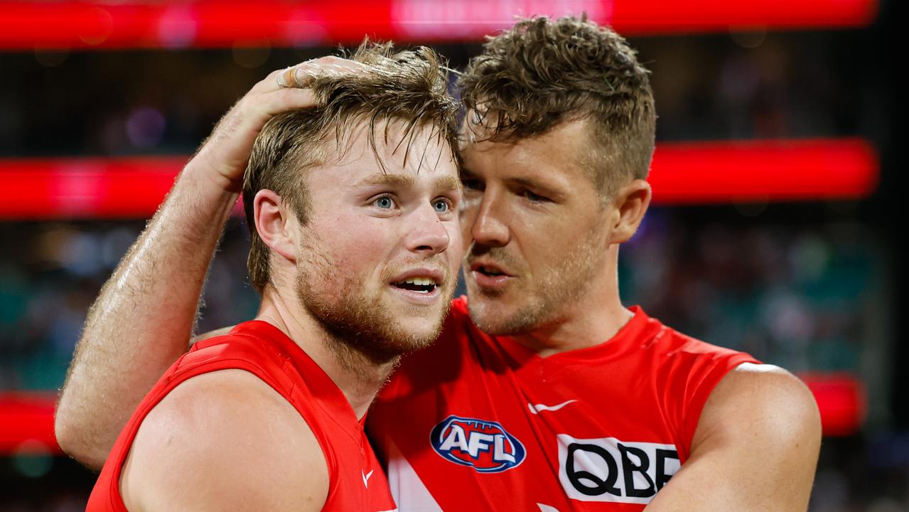 Former Sydney co-captain Luke Parker (right) talks to Braeden Campbell after the Swans sealed a preliminary final berth with a comeback win over GWS. Picture: Dylan Burns / Getty Images