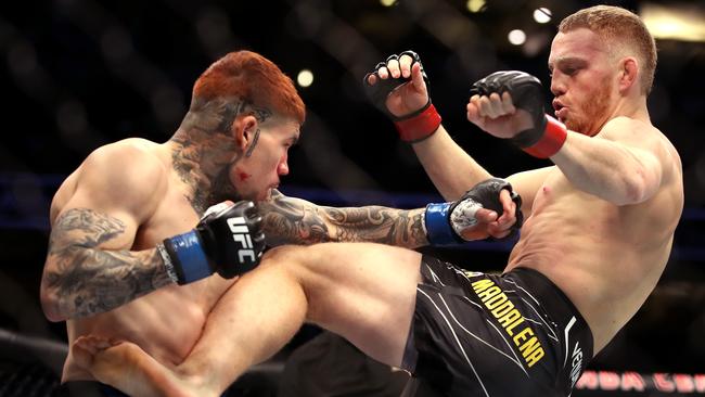 Jack Della Maddalena kicks Pete Rodriguez during his UFC debut. Katelyn Mulcahy/Getty Images/AFP