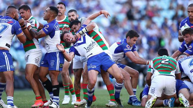 A scuffle breaks out with Cody Walker in the middle of itall. Picture: Cameron Spencer/Getty Images