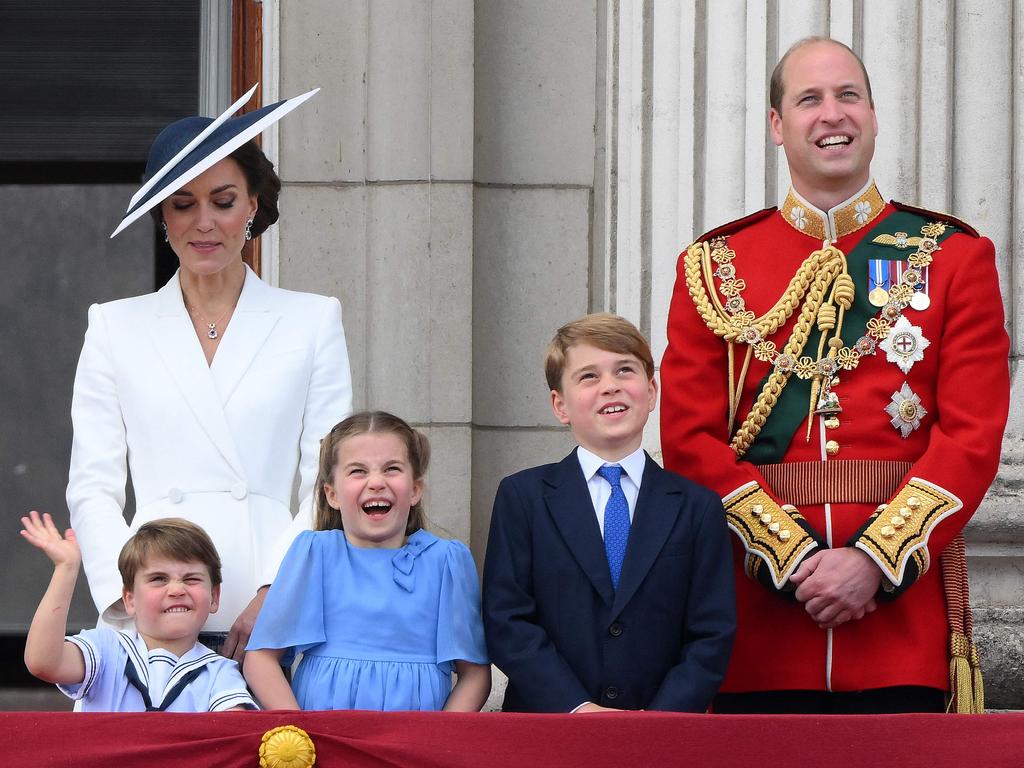 Louis, Kate, Charlotte, George and William watch a special fly-past from Buckingham Palace balcony following the Queen's Birthday Parade in June 2022. Picture: Daniel Leal/AFP