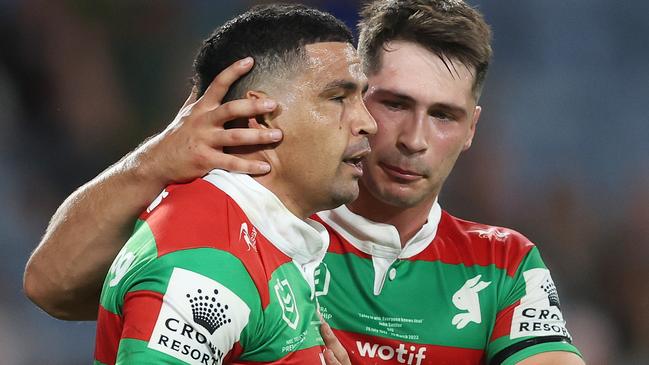 SYDNEY, AUSTRALIA - MARCH 25:  Cody Walker of the Rabbitohs  celebrates scoring a try wth team mates Lachlan Ilias of the Rabbitohs during the round four NRL match between South Sydney Rabbitohs and Manly Sea Eagles at Accor Stadium on March 25, 2023 in Sydney, Australia. (Photo by Mark Metcalfe/Getty Images)