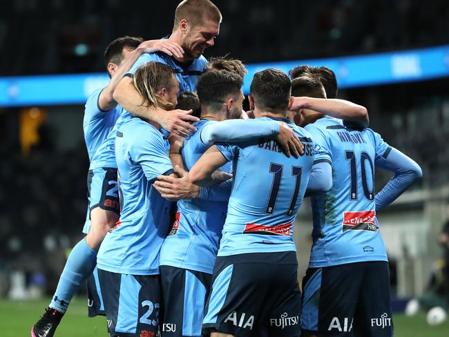 Adam Le Fondre of Sydney FC celebrates goal  during the A-League Semi Final match between Sydney FC and Perth Glory at Bankwest Stadium. Picture. Phil Hillyard