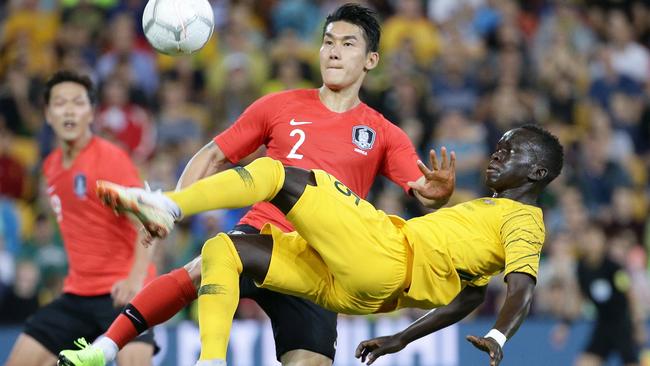 Awer Mabil peforms a bicycle kick for the Socceroos against South Korea in November. Picture: AAP 