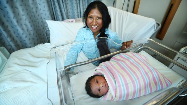 Shravanthi Vooturi with her newborn son at Sydney’s Westmead Hospital. Picture: Hollie Adams.