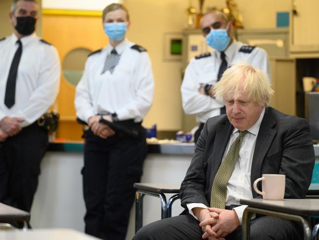 Britain's Prime Minister Boris Johnson during a constituency visit to Uxbridge police station ahead of cabinet talks over increasing coronavirus restrictions. Picture: Getty Images