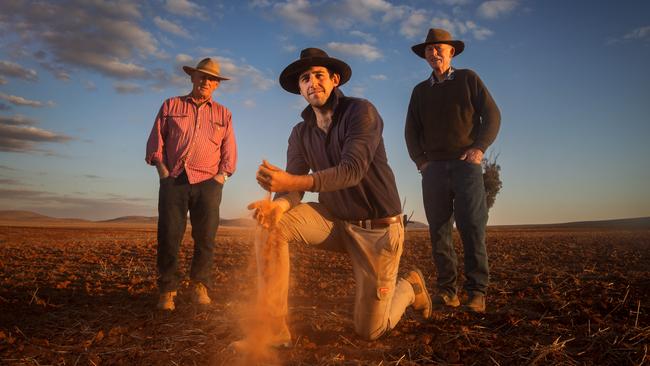 Farmers Gilmour Catford with his son Andrew and brother Rod on their property in Morchard. Picture: Matt Turner