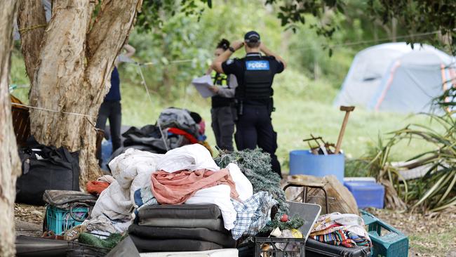 Police and other services pictured assisting the homeless vacating their campsite at the Gayndah Coastal Arboretum in Woody Point, Brisbane 17th February 2025.  (Image/Josh Woning)