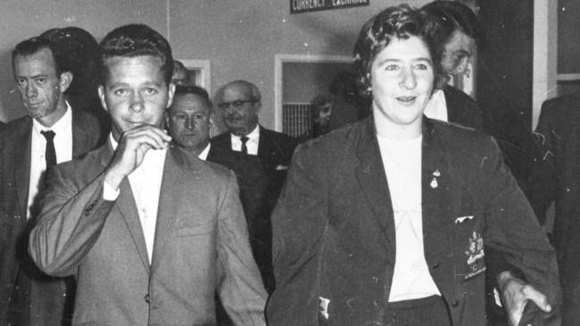 Dawn Fraser with then fiance Gary Ware on arrival back in Sydney after her triumphant win in Tokyo in 1964.