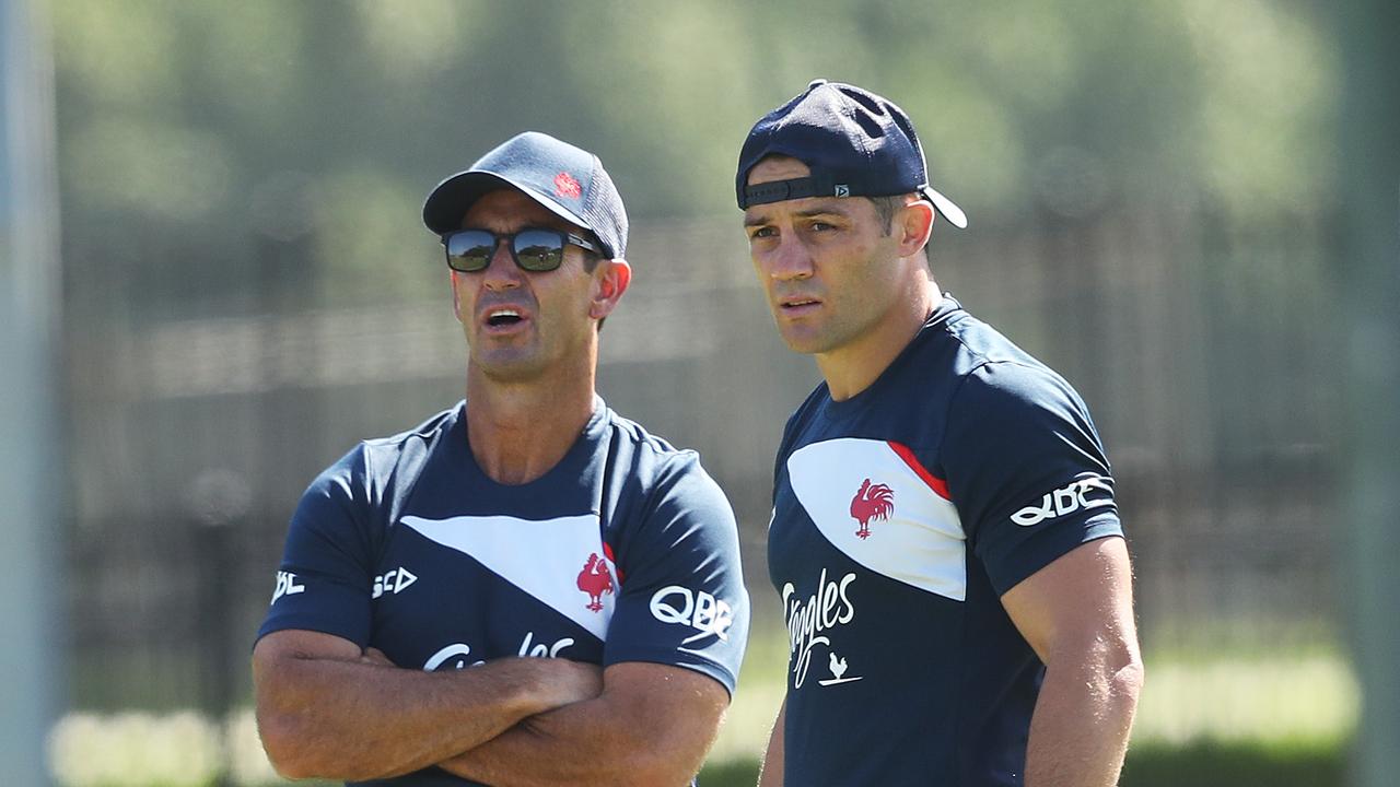 Andrew Johns and Cooper Cronk during a Roosters training session. Picture: Phil Hillyard