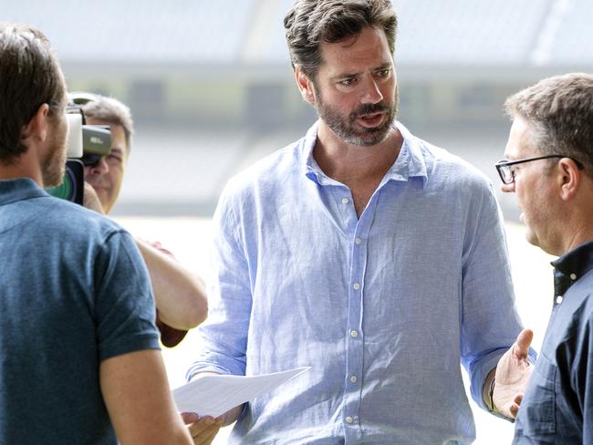 AFL CEO Gillon McLachlan, AFLPA CEO Paul Marsh and AFLPA President Patrick Dangerfield speak to media at Marvel Stadium to provide an update on the AFL community response to bushfire relief. Picture: Sarah Matray