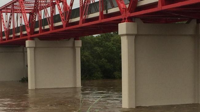 The Red Bridge at Beenleigh, where waters were rising rapidly.