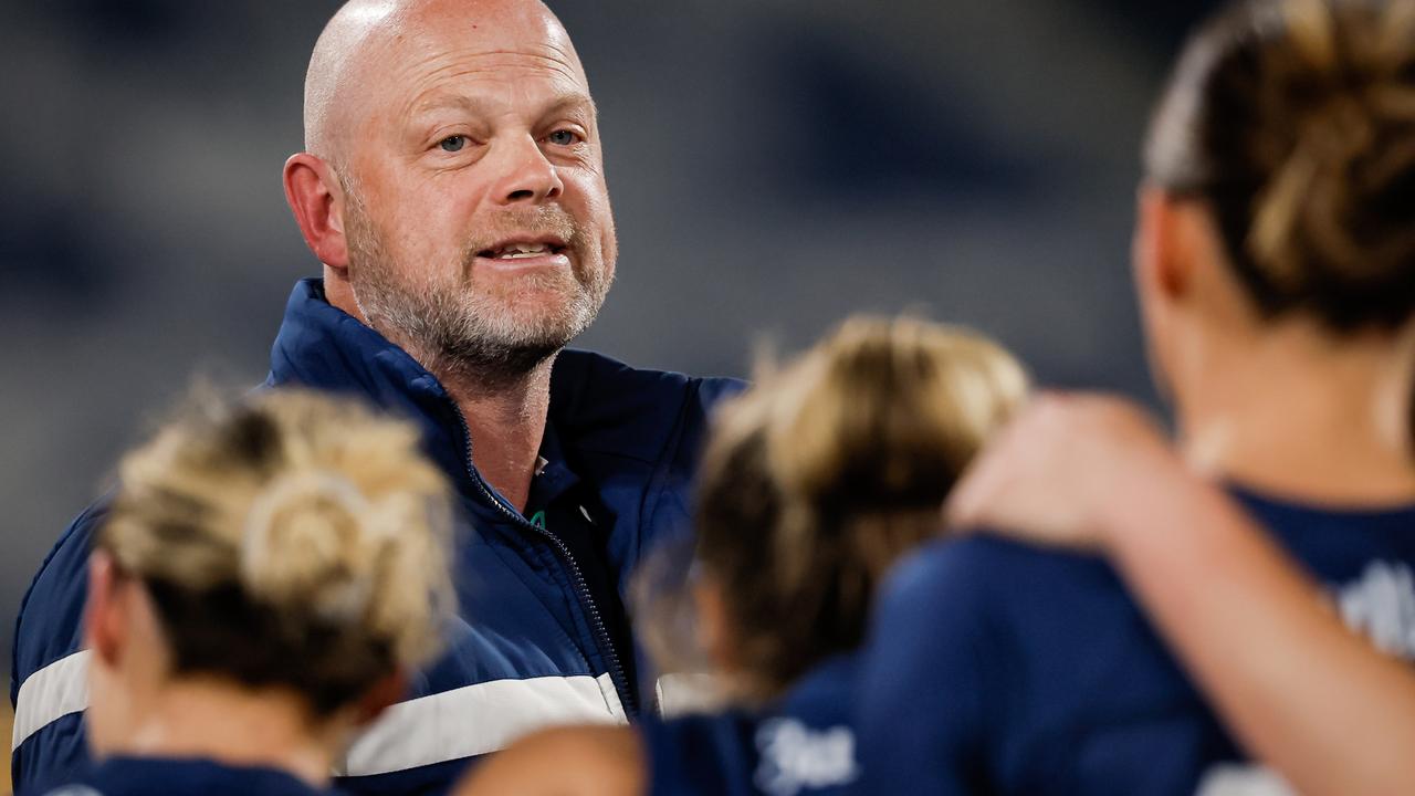 Geelong coach Dan Lowther has 21-23-1 record at the helm of the Cats. Picture: Dylan Burns/AFL Photos via Getty Images