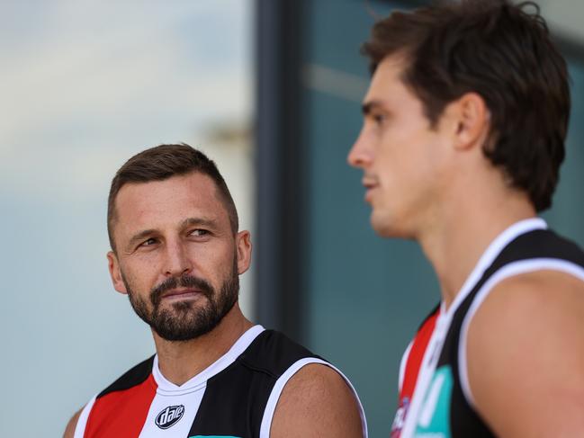 St Kilda co-captains Jarryn Geary (L) and Jack Steele. Picture: Martin Keep/Getty