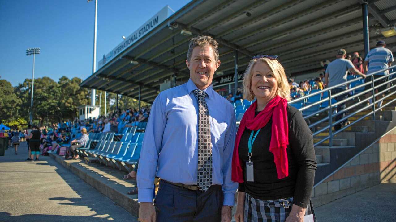 Nationals Member for Cowper Luke Hartsuyker announces $6.5 million Federal funding for the Coffs. C.ex International Stadium wit Coffs Harbour Mayor Denise Knight. Picture: Rachel Vercoe