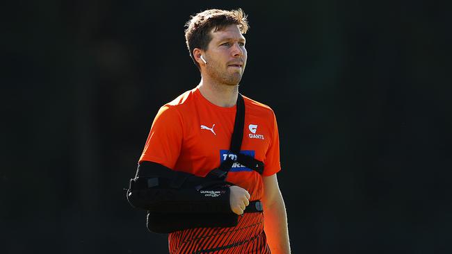 Toby Greene played on after fracturing his shoulder against Richmond.