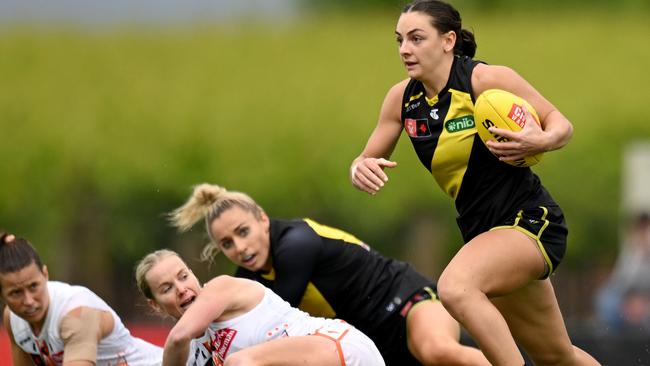 Monique Conti bursts out of the centre for the Tigers against Greater Western Sydney in Mildura. Pictures: Morgan Hancock/AFL Photos/via Getty Images