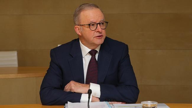 Prime Minister Anthony Albanese speaks virtually before a national cabinet on gender-based violence on May 1, 2024 in Sydney, Australia.