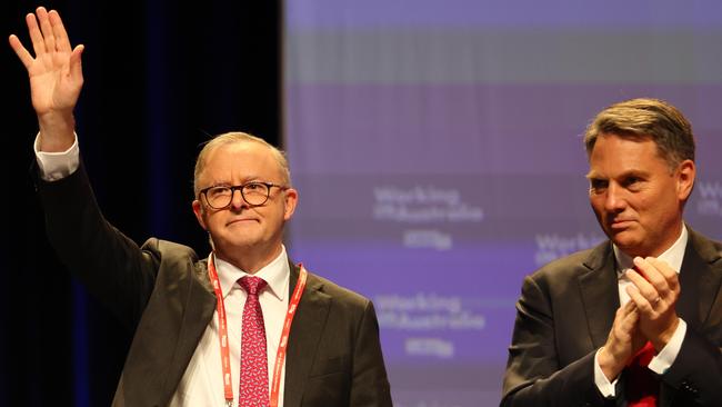 Prime Minister Anthony Albanese and Deputy Prime Minister Richard Marles react after AUKUS was passed during the ALP National Conference in Brisbane. Picture: NCA NewsWire/Tertius Pickard