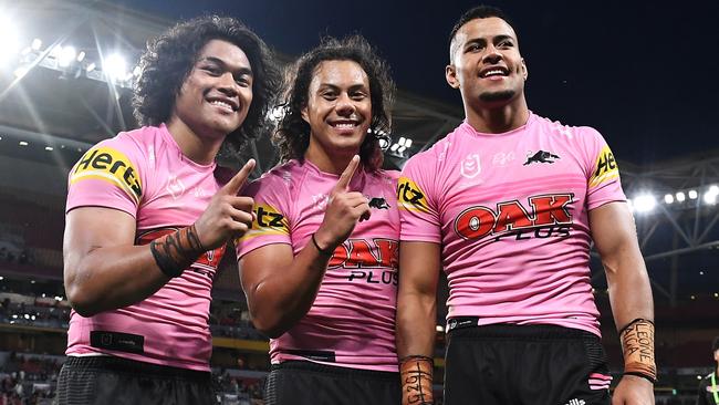 Brian To'o, Jerome Luai and Stephen Crichton of the Panthers after the preliminary final win. Picture: Bradley Kanaris / Getty Images